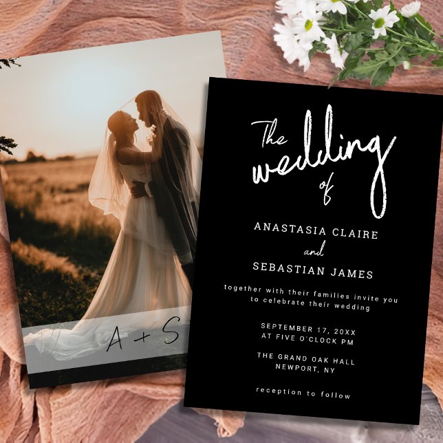 Invitación Minimalist Script Black and White Photo Wedding (Minimalist Script Black and White Photo Wedding Invitation)