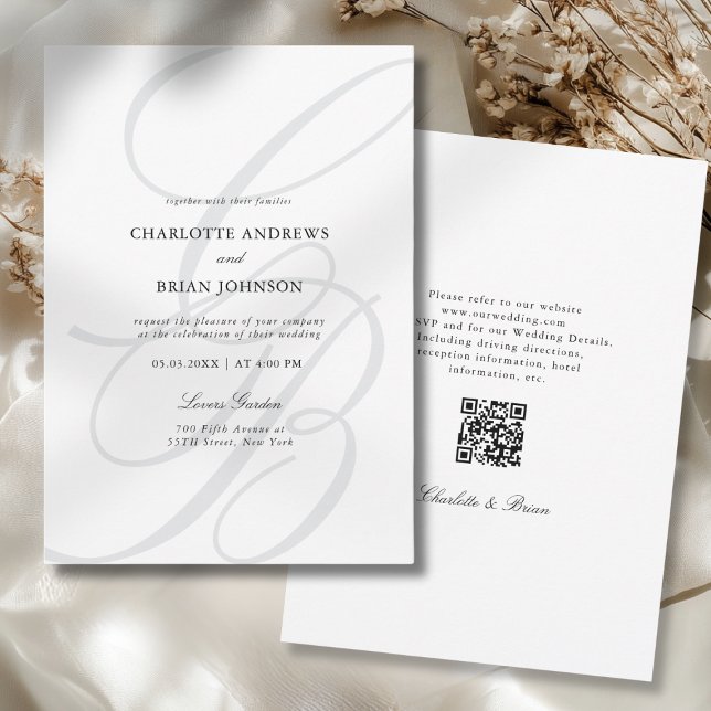 Invitación Minimalist Script Font Monogram QR Code Wedding (Minimalist Script Font Monogram QR Code Wedding Invitation)