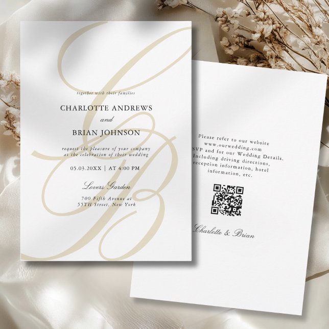 Invitación Minimalist Script Font Monogram QR Code Wedding (Minimalist Script Font Monogram QR Code Wedding Invitation)
