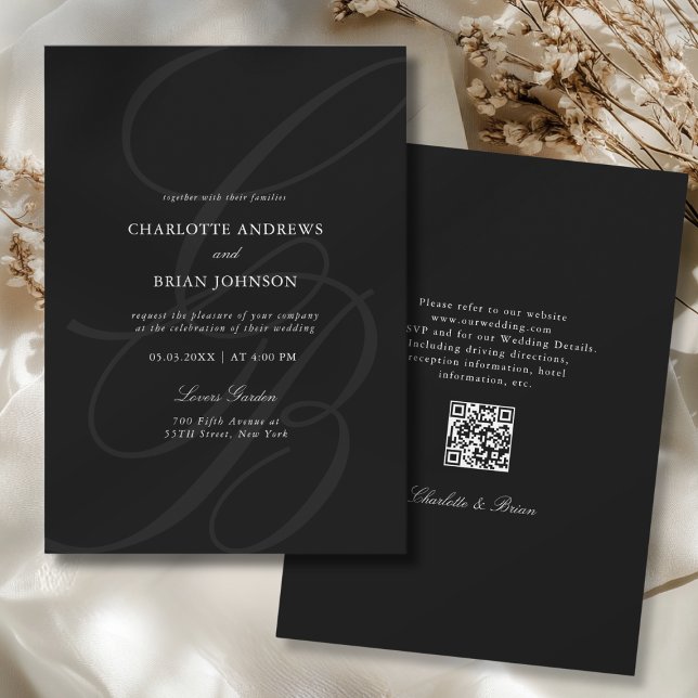 Invitación Minimalist Script Font Monogram QR Code Wedding (Minimalist Script Font Monogram QR Code Black White Gray Wedding Invitation)