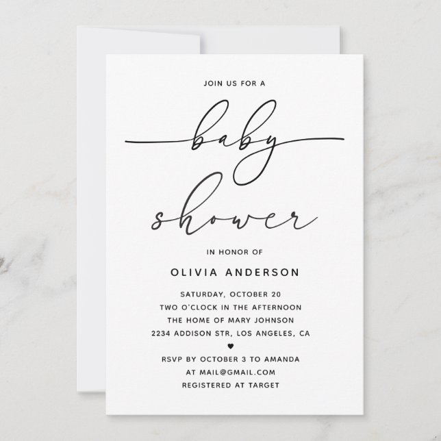 Invitación Minimalist Simple Baby Shower. Modern Clean Script (Anverso)