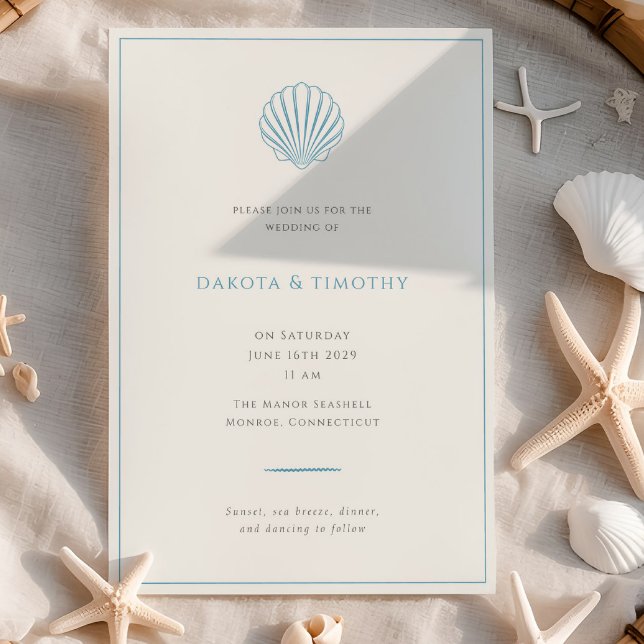 Invitación Minimalist Simple Blue Seashell Wedding invitation (Minimalist Simple Blue Seashell Wedding invitation)
