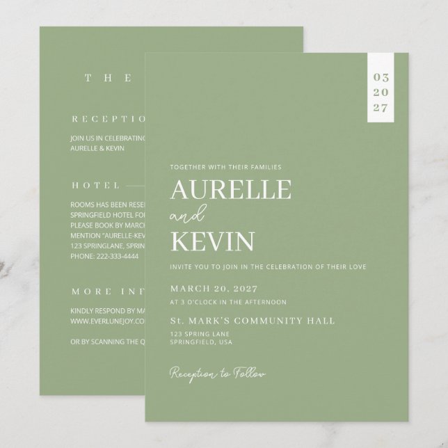 Invitación Minimalist Simple Elegant Sage QR Code Wedding (Anverso / Reverso)