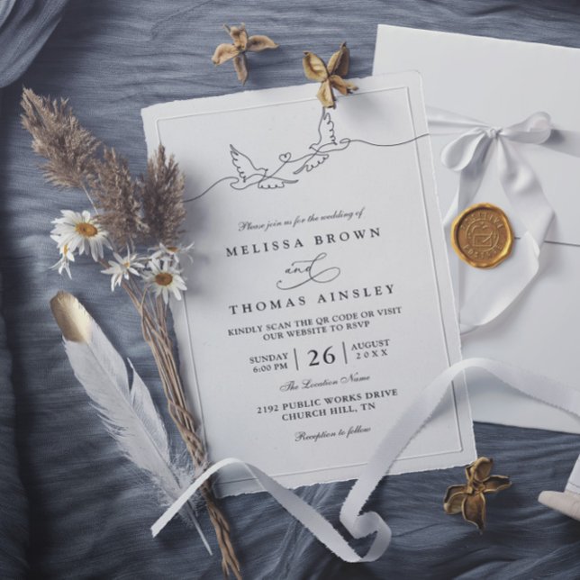Invitación Minimalist Simple Lovely Dove Chic QR Code Wedding (Subido por el creador)