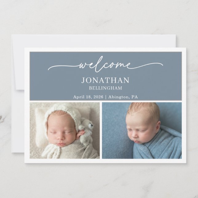 Invitación Minimalist Slate Blue Photo Baby Announcement Card (Anverso)