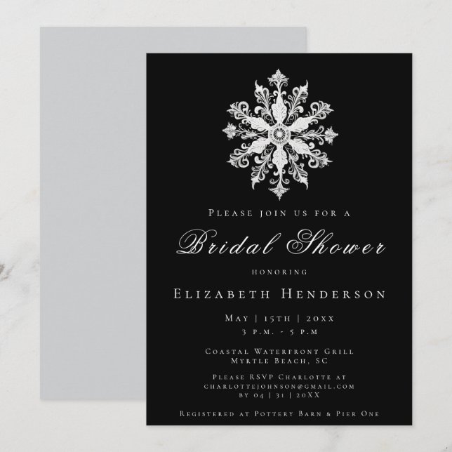 Invitación Minimalist Snowflake Bridal Shower | Black (Anverso / Reverso)