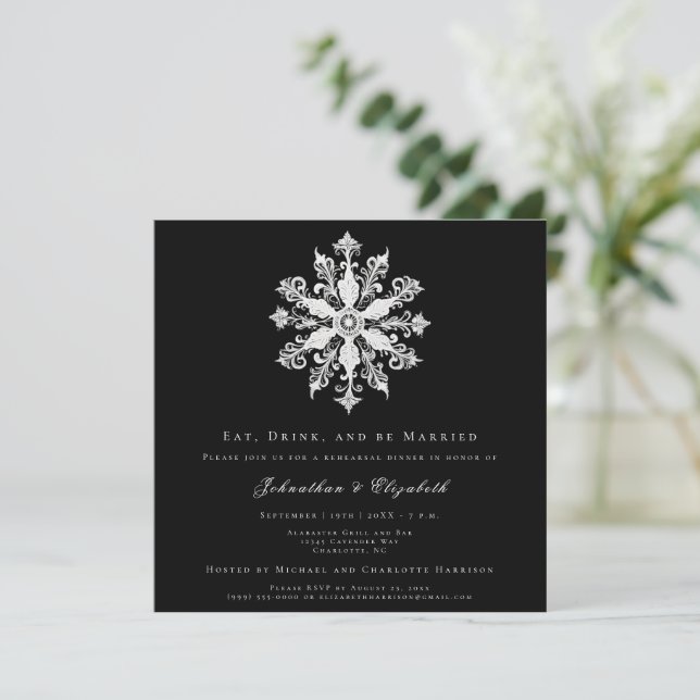 Invitación Minimalist Snowflake Rehearsal Dinner | Black (Anverso de pie)