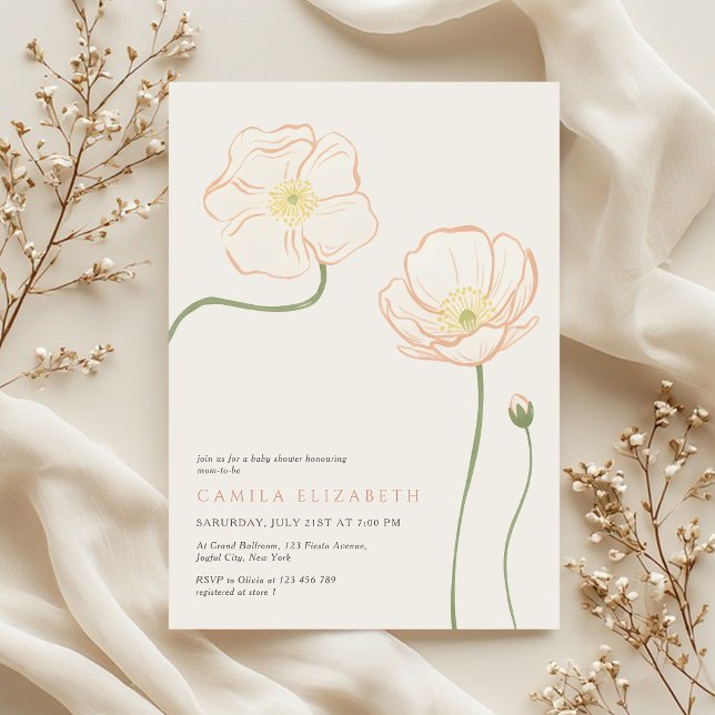 Invitación Minimalist Soft Peach Poppy Wildflower Baby Shower (Subido por el creador)