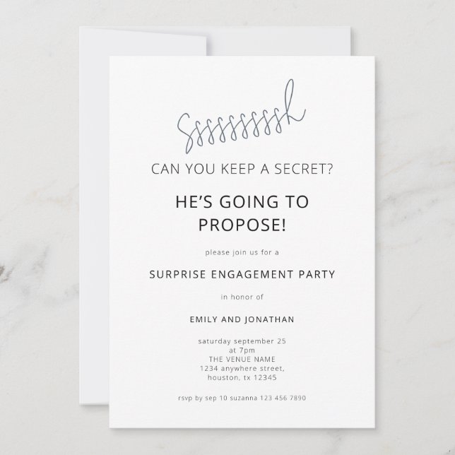Invitación Minimalist Surprise Black White Engagement Party (Anverso)