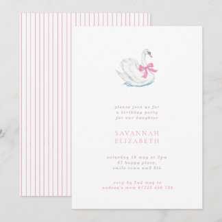 Invitación Minimalist Swan and Pink Bow Girls Birthday Party