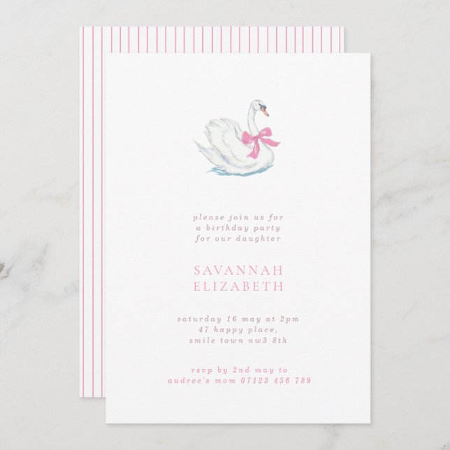 Invitación Minimalist Swan and Pink Bow Girls Birthday Party (Anverso / Reverso)
