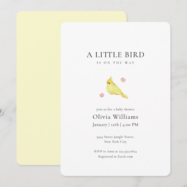 Invitación Minimalist Tiny Floral Bird Baby Shower  (Anverso / Reverso)