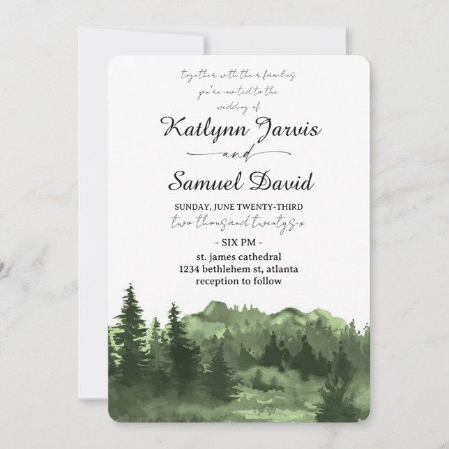 Invitación Minimalist Watercolor Pine Tree Mountain (Anverso)