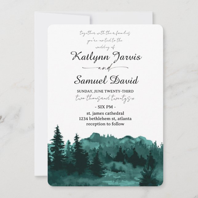 Invitación Minimalist Watercolor Pine Tree Mountain (Anverso)
