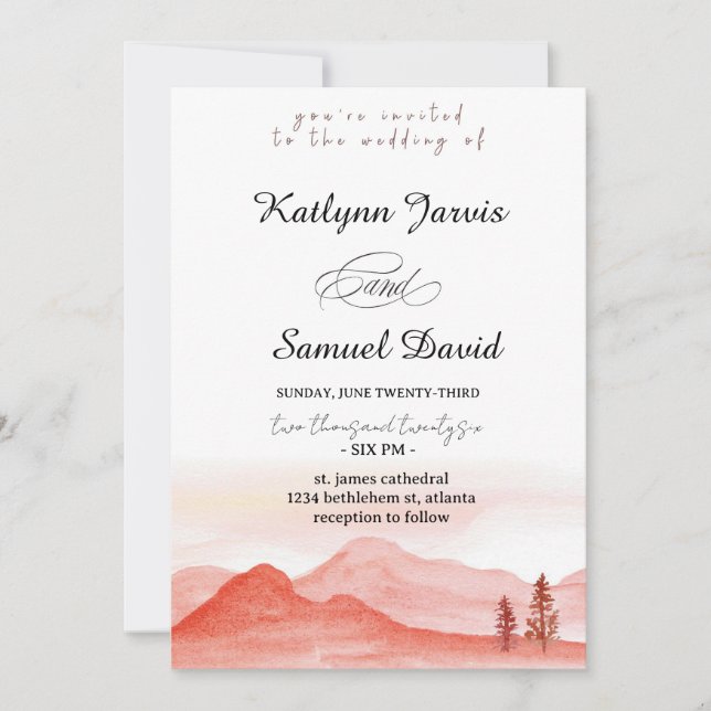 Invitación Minimalist Watercolor Pine Tree Mountain (Anverso)