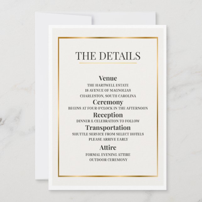 Invitación Minimalist Wedding Details Card – Gold Border (Anverso)