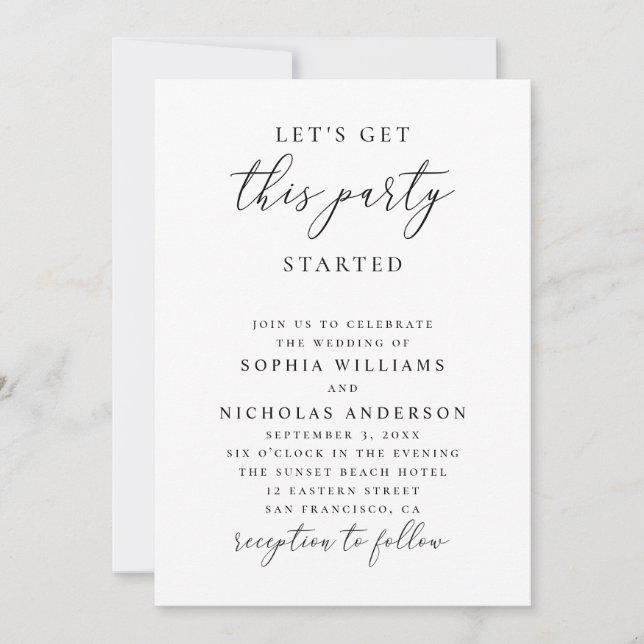 Invitación Minimalist Wedding | Let’s Get This Party Started (Anverso)