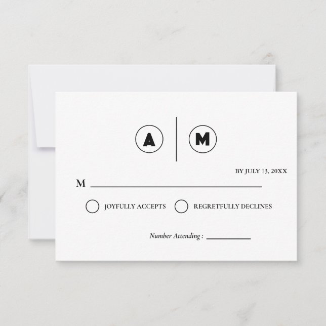 Invitación Minimalist Wedding RSVP Card | Simple Black &White (Anverso)