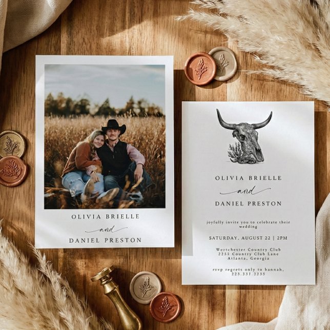 Invitación Minimalist Western Cow Skull Rustic Photo Wedding (Subido por el creador)