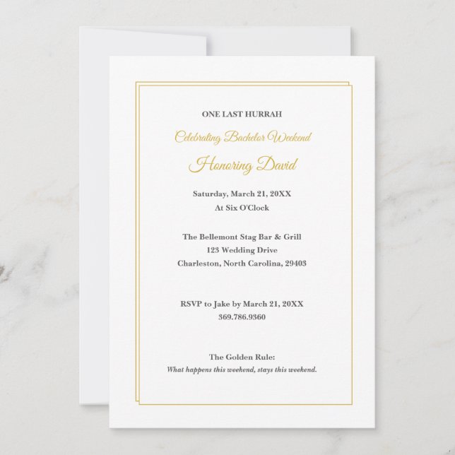 Invitación Minimalist White and Gold Bachelor Weekend (Anverso)
