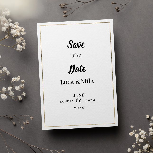 Invitación Minimalist white and gold typography Save the Date (Minimalist white and gold typography Save the Date)
