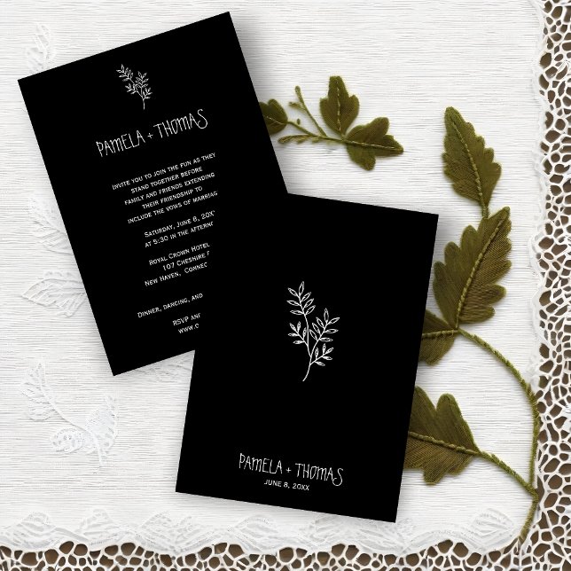 Invitación Minimalist White branches and Leaves for Wedding (Boho Chic Wedding Announcement. Modern Script. Black & White Floral.)