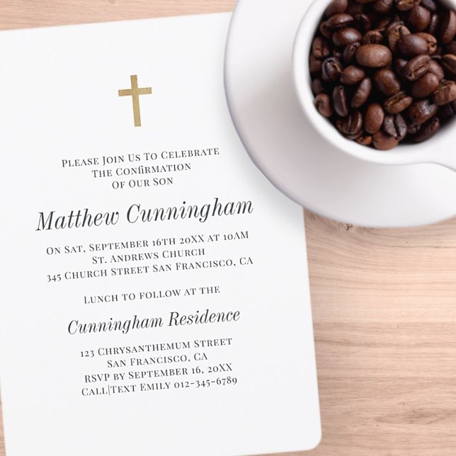 Invitación Minimalist with Faux Gold Cross Boy Confirmation (Subido por el creador)