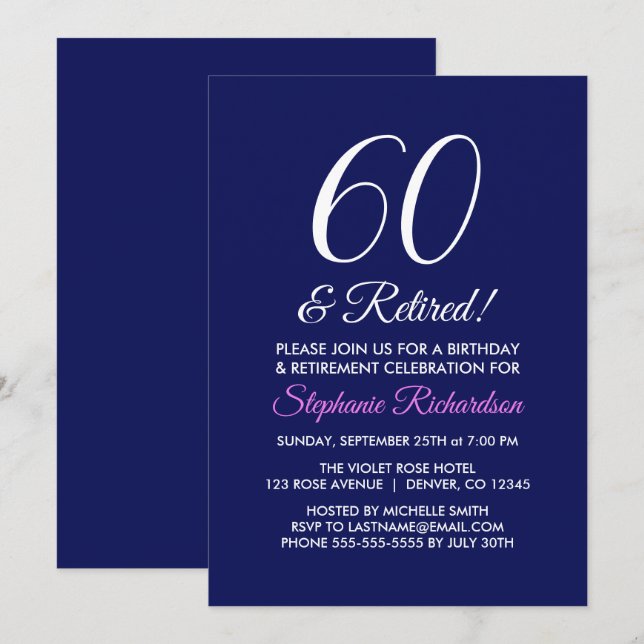Invitación Minimalista 60 y Jubilado Jubilación Púrpura Oscur (Anverso / Reverso)