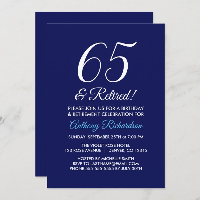 Invitación Minimalista 65 y Retirado Jubilación Púrpura Oscur (Anverso / Reverso)