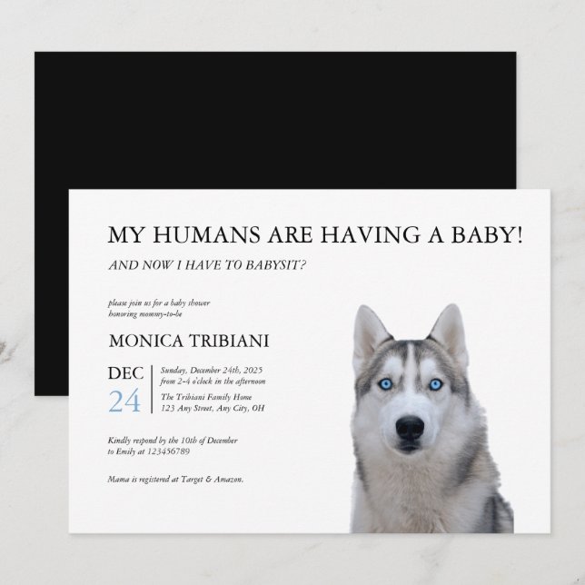 Invitación Minimalista a Baby Shower de Husky Sibe (Anverso / Reverso)