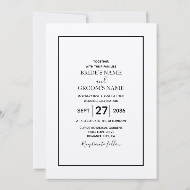 Invitación minimalista a la boda blanca y negra (Anverso)