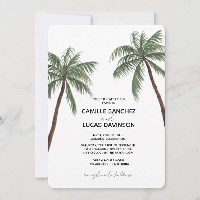 Invitación minimalista a la boda de Palm Trees (Anverso)