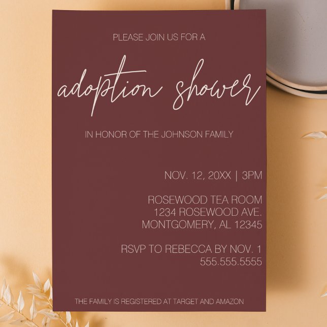 Invitación Minimalista adopción moderna, ducha infantil (minimalist simple script adoption shower invitation marron red custom invite baby or child shower)