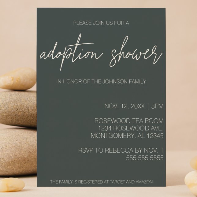 Invitación Minimalista adopción moderna, ducha infantil (simple modern minimalist adoption baby child shower party invitation green script )