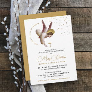 Invitación Minimalista Ángel de Bautismo de Oro Blanco Elegan