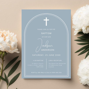 Invitación Minimalista baptismo azul arco