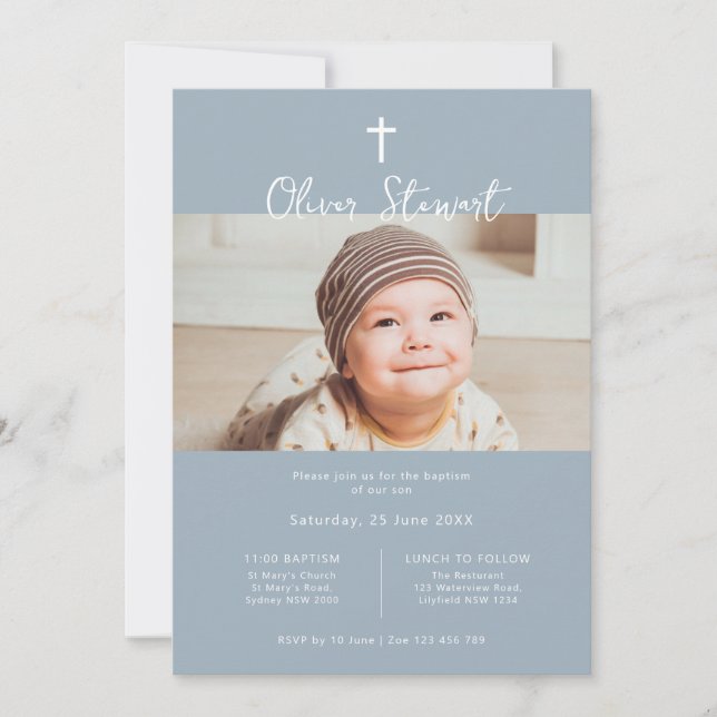 Invitación Minimalista bautismo de foto azul (Anverso)