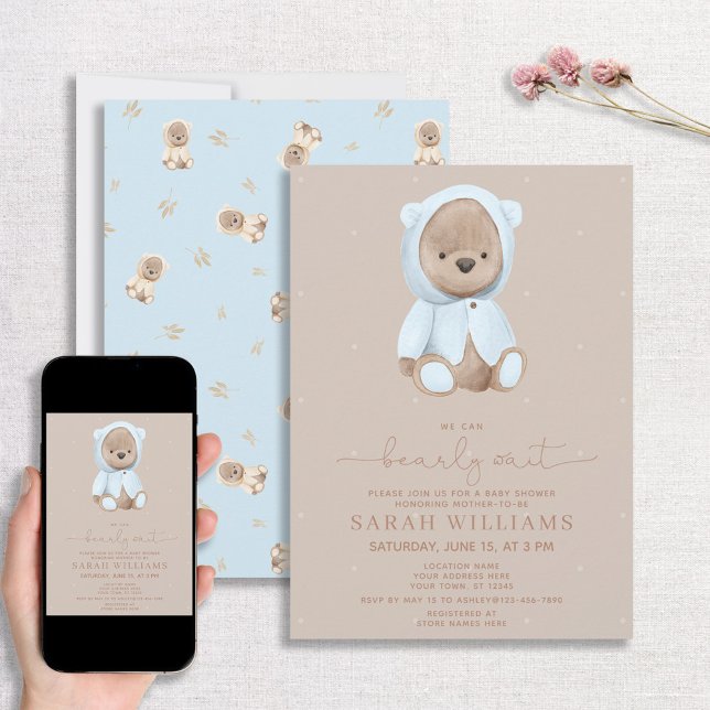 Invitación Minimalista Bearly Wait Dusty Blue Baby Shower (Subido por el creador)