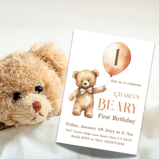 Invitación Minimalista besito beige beary primer cumpleaños (Subido por el creador)