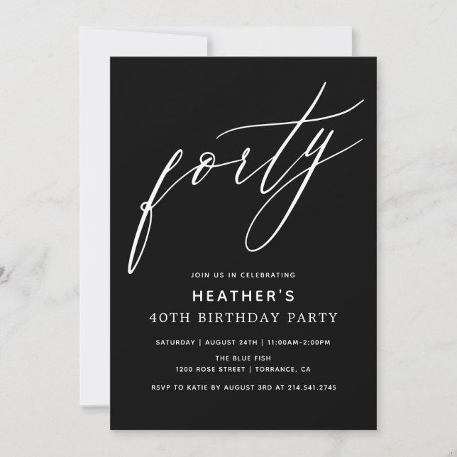 Invitación Minimalista Black 40h Birthday Party (Anverso)