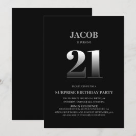 Invitación Minimalista Black and Silver Surprise 21º cumpleañ