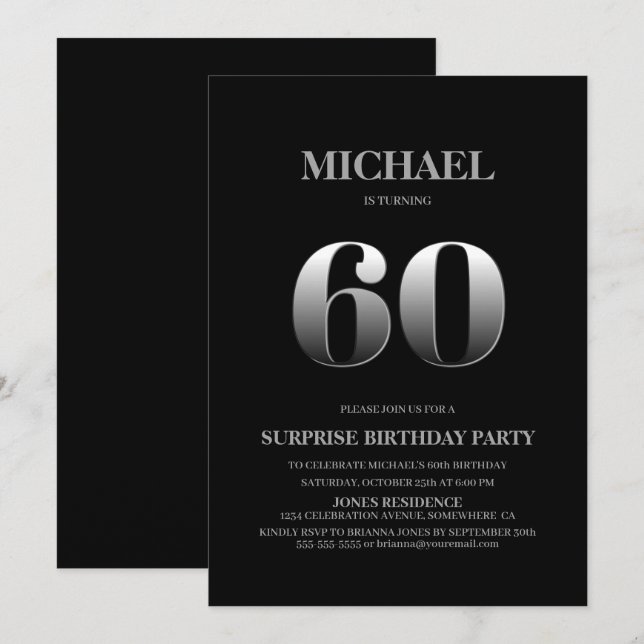 Invitación Minimalista Black and Silver Surprise 60º cumpleañ (Anverso / Reverso)