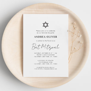 Invitación Minimalista Blanco Moderno Simple Bat Mitzvah Scri