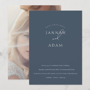 Invitación Minimalista Boda Azul Real Escritura Foto Elegante