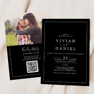 Invitación Minimalista Boda de código QR de foto negra