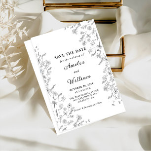 Invitación Minimalista Boda floral blanco negro moderno