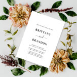 Invitación Minimalista Boda moderno negro y blanco<br><div class="desc">Diseñador Minimalista Moderno Invitación a la Boda Negra y Blanca por Simon & Grace. Personaliza con el nombre y los detalles del boda de Bride y Groom. Se muestra texto negro sobre blanco con una espalda negra sólida. El usuario puede personalizar todo el texto, las fuentes y los colores utilizando...</div>