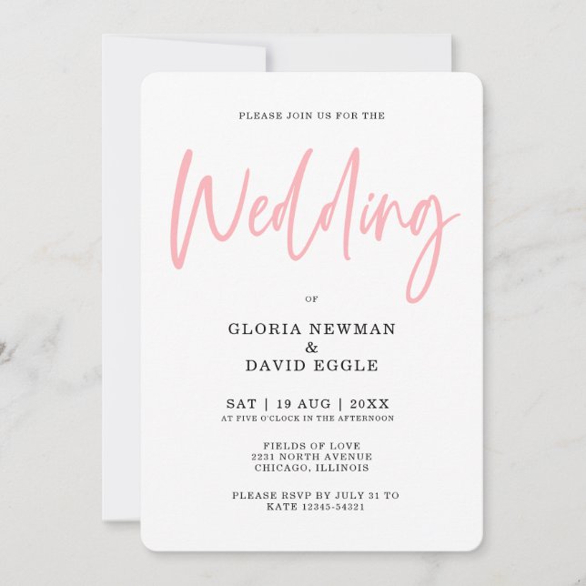 Invitación Minimalista Boda rosa Rubor moderno (Anverso)