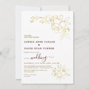 Invitación Minimalista Boda Simple Profunda Burgundy Oro