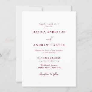 Invitación Minimalista Boda simple rojo y blanco de Borgoña